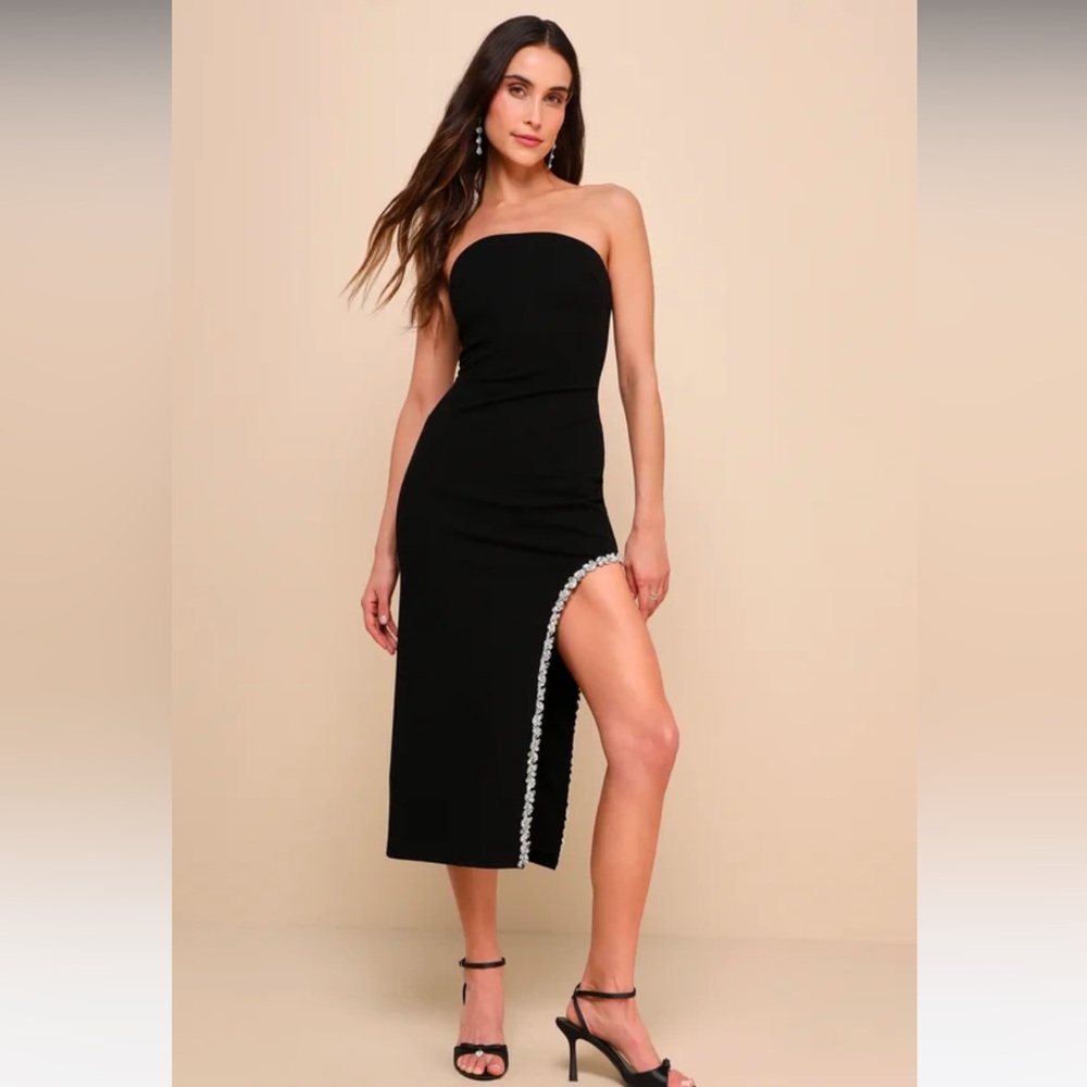 Lulu's Black Rhinestone Strapless Bodycon Midi Dress - Medium